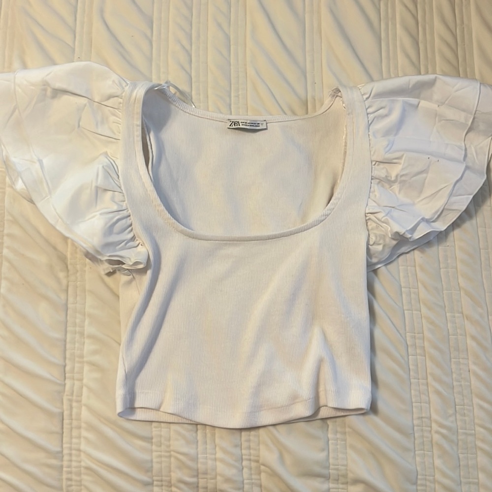 White Cropped Puff Sleeve Zara Top